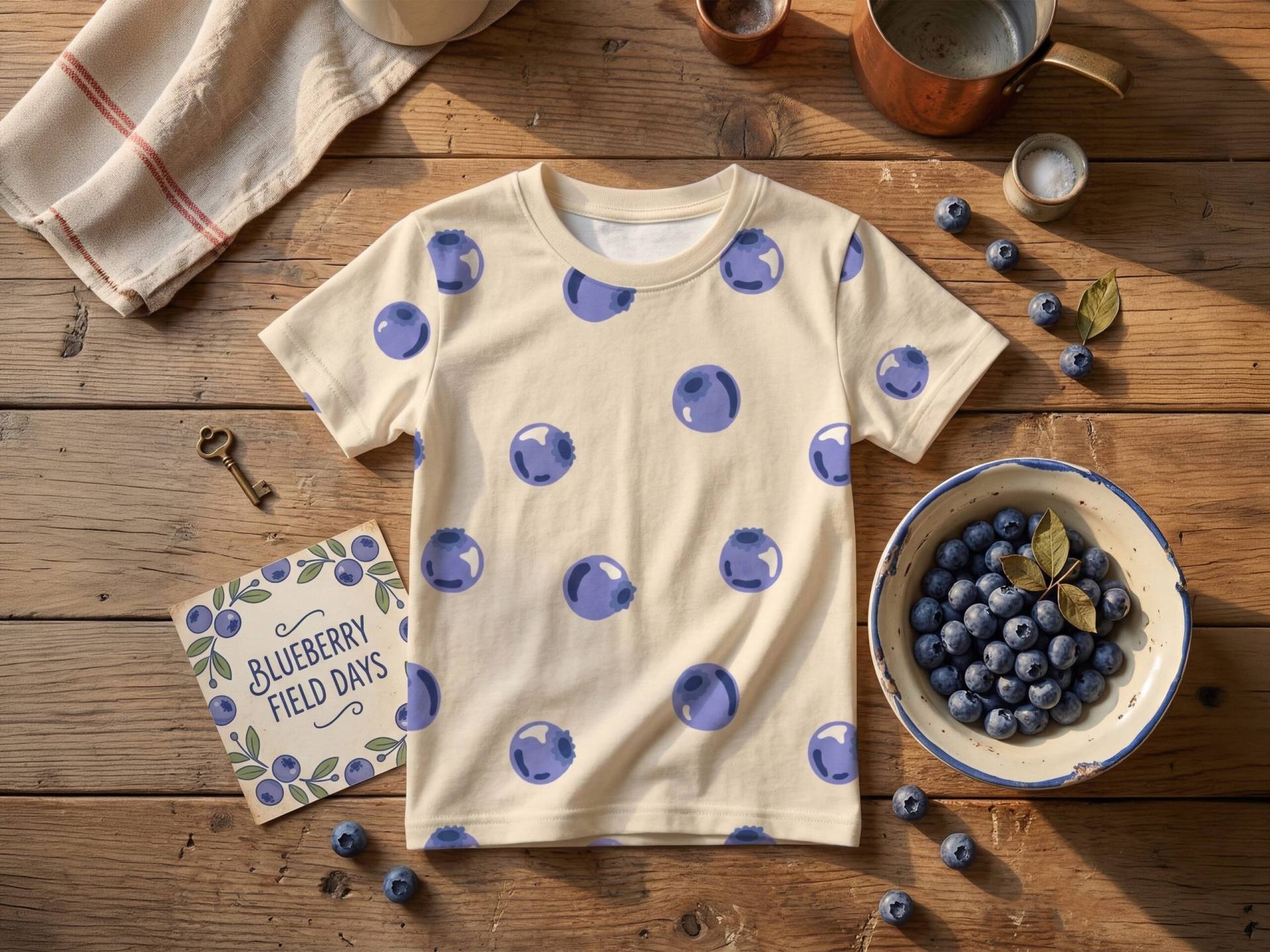 Home Blueberry All Over Print Kids Cotton Crew Neck T Shirt White Flat Lay Copy Scaled