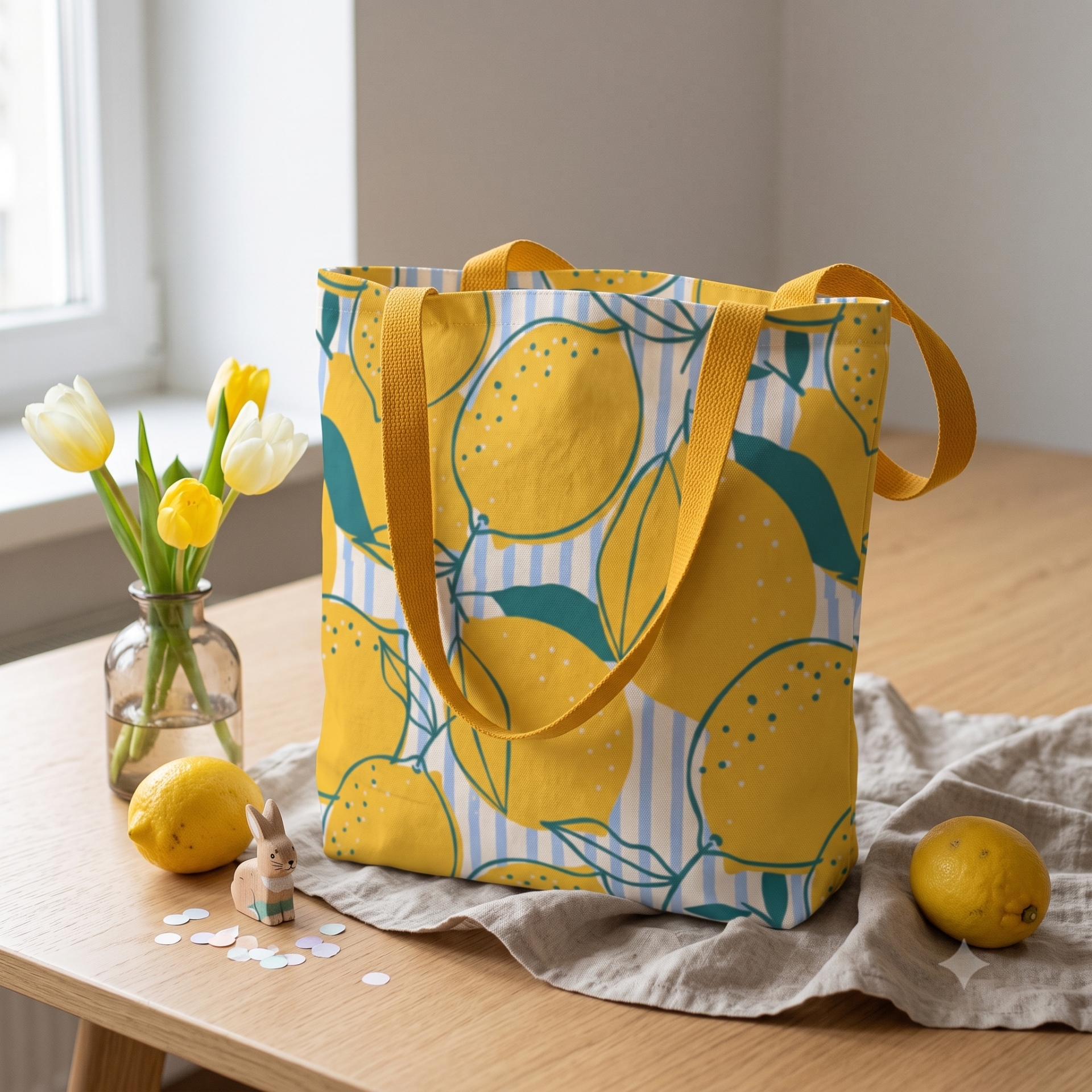 Home Lemon Blue Stripes Pattern Large Tote Bag Table 1