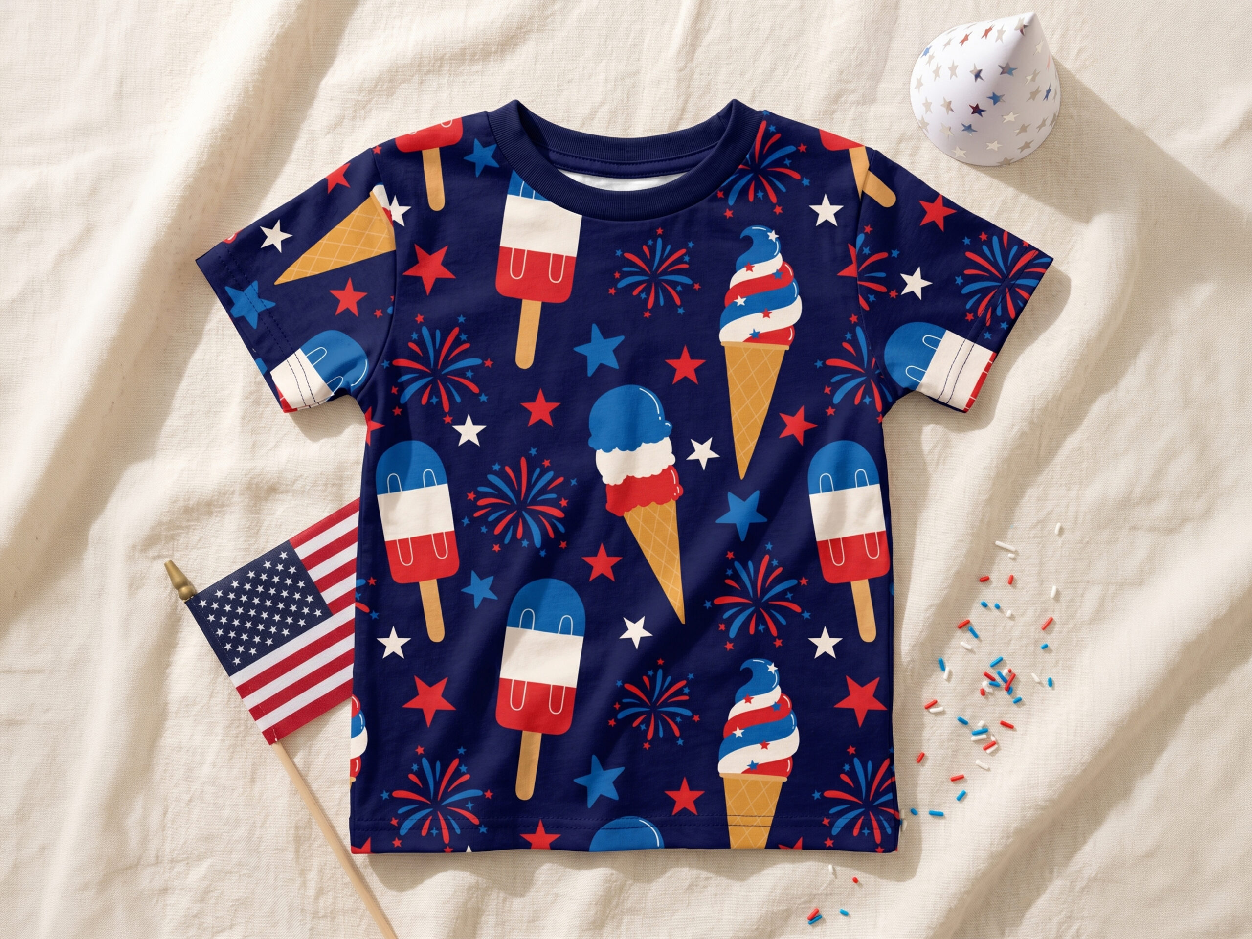 flat lay july 4th popsicle all over print kids cotton crew neck t shirt white front flat lay july 4th popsicle all over print kids cotton crew neck t shirt white front