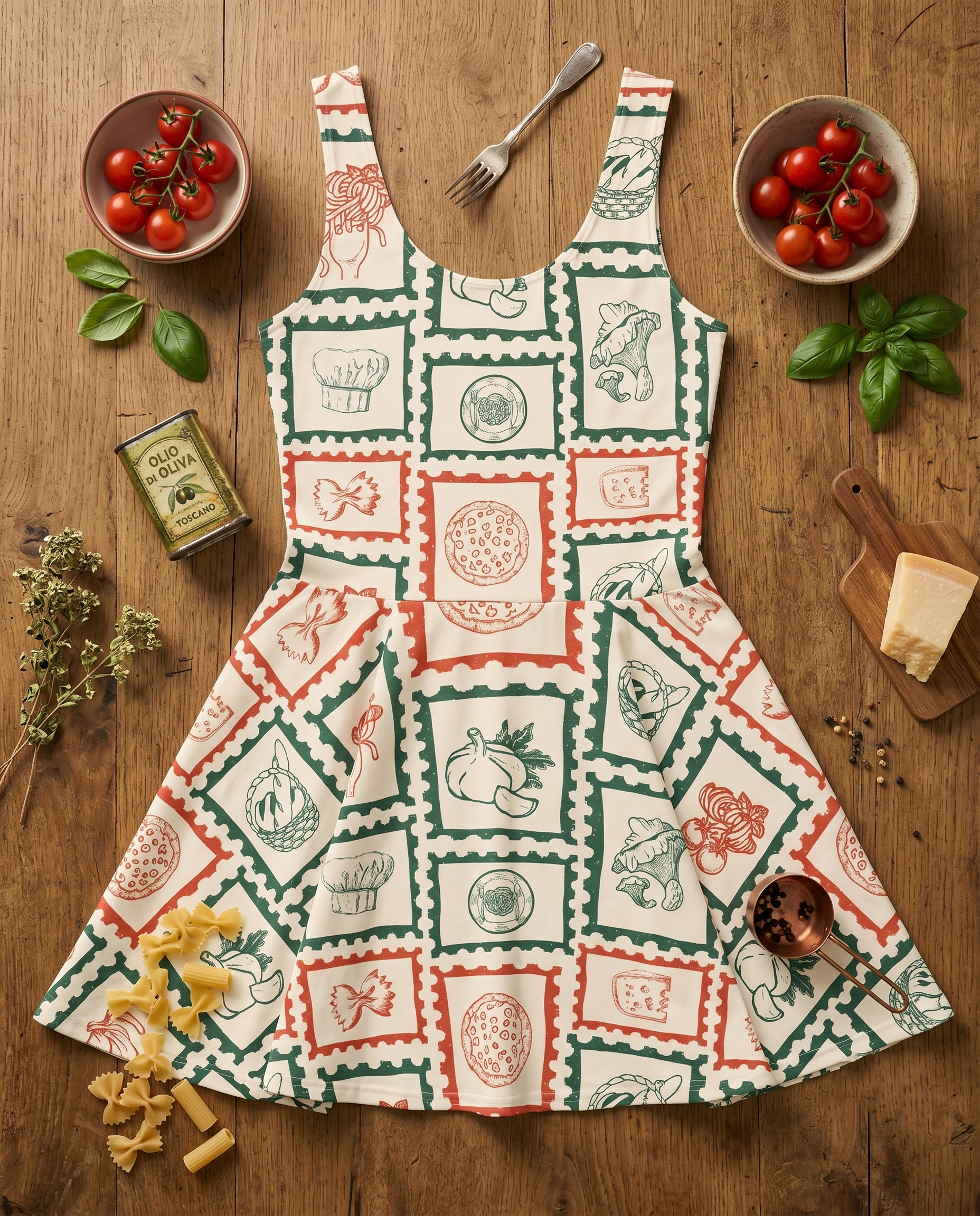 italian pattern all over print cotton skater dress white back flat lay italian pattern all over print cotton skater dress white back flat lay