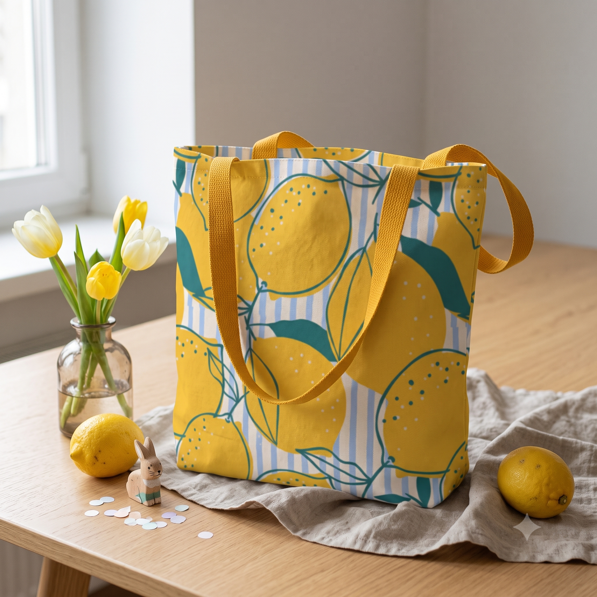 lemon blue stripes pattern large tote bag table lemon blue stripes pattern large tote bag table