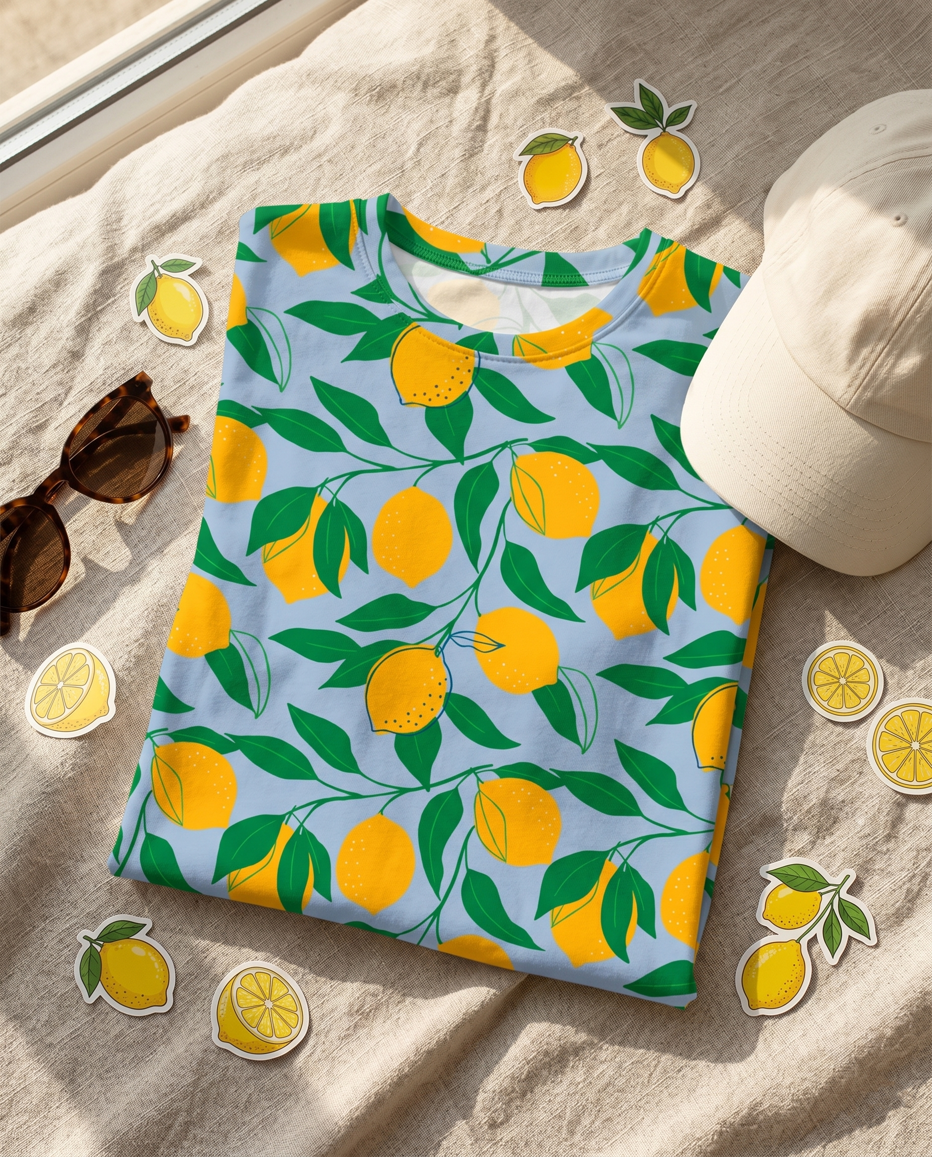 lemon pattern all over print cotton t shirt dress white back folded flat lay