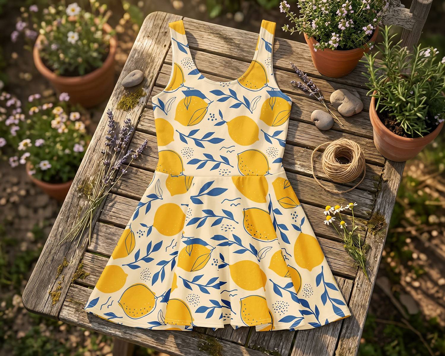 Italian Blue Lemon Pattern Skater Dress Flat Lay