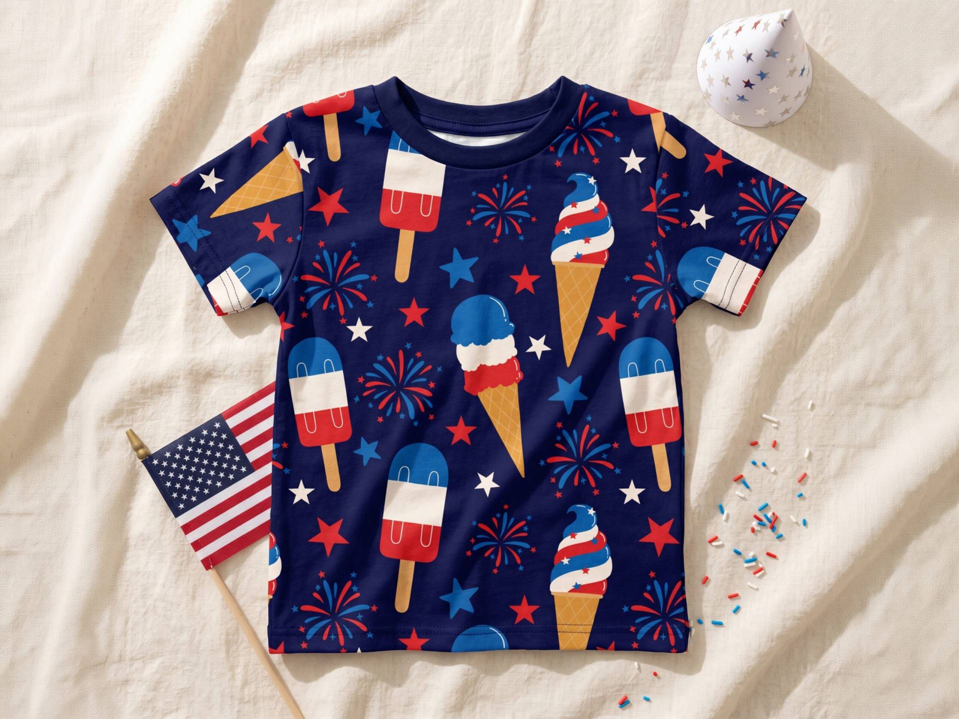 Flat Lay July 4th Popsicle All Over Print Kids Cotton Crew Neck T Shirt White Front Scaled