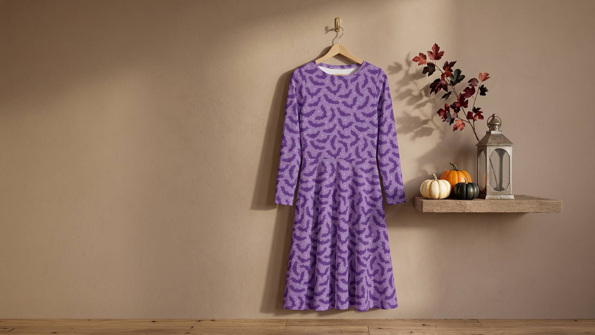 Halloween Purple Bats Long Sleeve Midi Dress Hanging Front Website Header